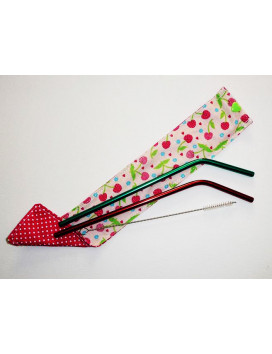 2 reusable washable stainless steel straws case and brush CHERRIES