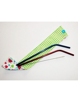 Etui 2 pailles inox lavables réutilisables et goupillon CERISES