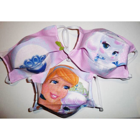 Lot 3 omkeerbare wasbare stoffen maskers voor kinderen CINDERELLA (PRINSESSEN)