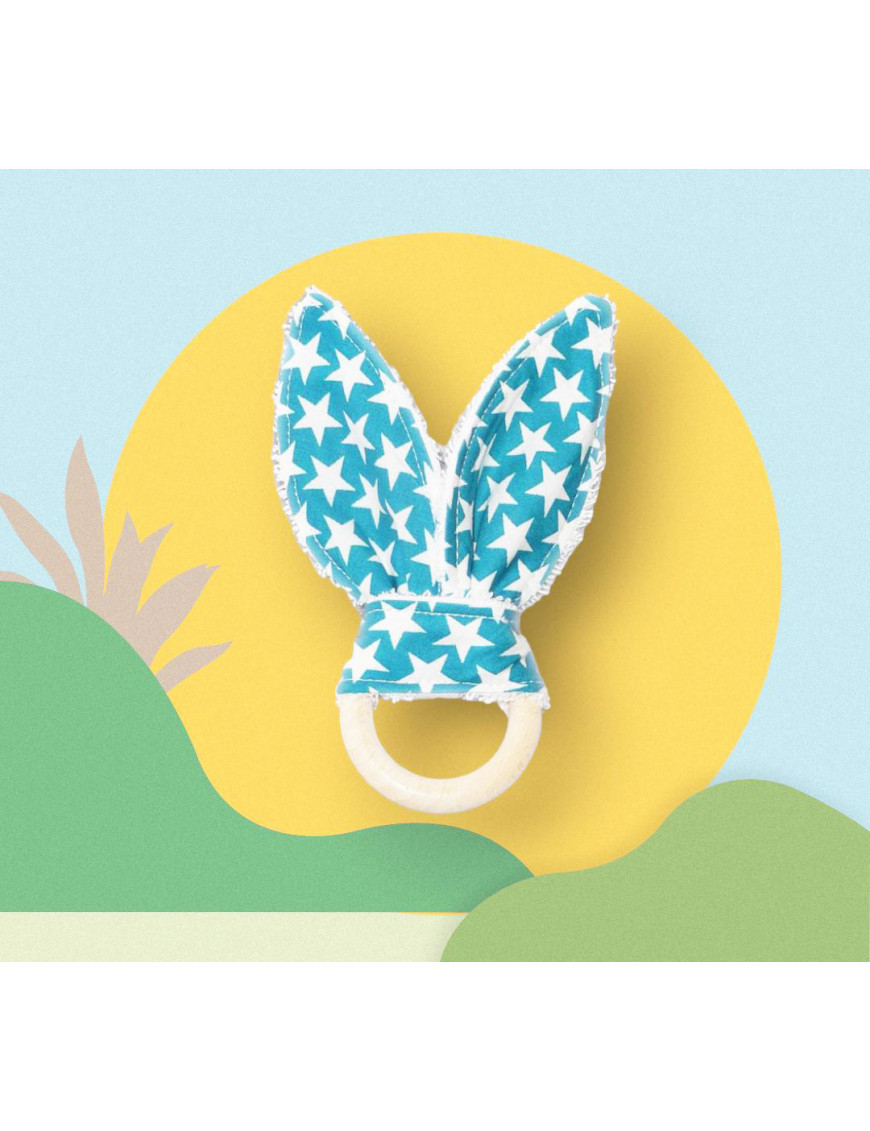 Rattle wooden teething ring with rabbit ears in cotton - STARS LAGON - (with bells)
