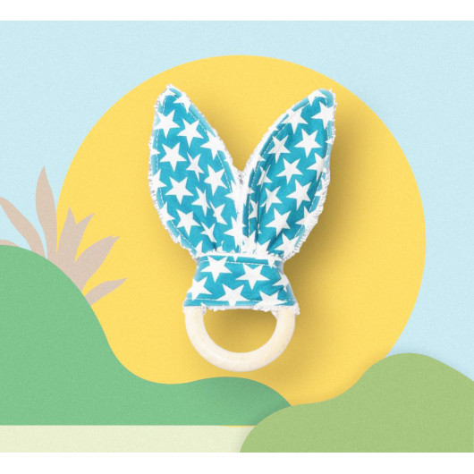 Rattle wooden teething ring with rabbit ears in cotton - STARS LAGON - (with bells)